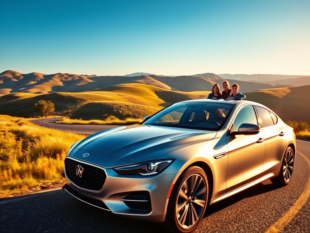 A scenic landscape depicting the benefits of car liability insurance. In the foreground, a sleek, modern car navigates a winding road, its shiny exterior gleaming under the warm, golden sunlight. In the middle ground, a family of four stands beside the car, their faces alight with joy and contentment. In the background, rolling hills and a vibrant blue sky create a sense of tranquility and security. The scene is captured with a wide-angle lens, emphasizing the spaciousness and breadth of the landscape. The overall mood is one of safety, protection, and the peace of mind that comes with comprehensive car liability coverage.
