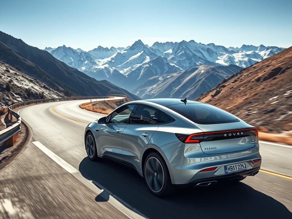 A sleek and modern electric vehicle navigates a winding mountain road, its bright, aerodynamic design cutting through the crisp, cool air. The driver intently observes the vehicle's range display, maximizing efficiency through careful acceleration, regenerative braking, and energy-conserving driving techniques. In the distance, majestic snow-capped peaks rise against a clear, azure sky, hinting at the vast, untapped potential for renewable energy sources to power these zero-emission vehicles. The scene conveys a sense of balance between advanced technology, environmental consciousness, and the natural beauty of the world around us.