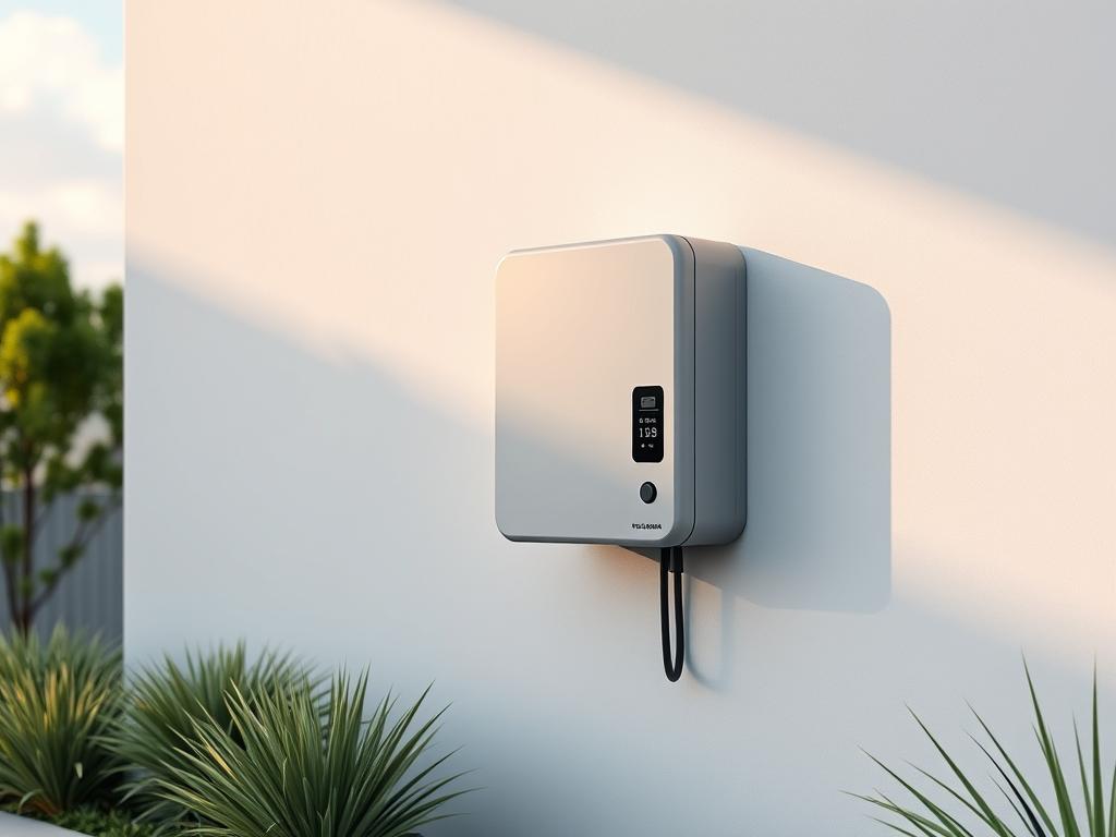 A sleek, modern wallbox charging station for electric vehicles, situated in a neatly landscaped outdoor setting. The wallbox is mounted on a clean, minimalist wall, with a smooth, matte finish in a neutral color that complements the surrounding environment. Soft, diffused lighting illuminates the wallbox, creating a welcoming and efficient atmosphere. The angle of the shot emphasizes the wallbox's intuitive design and user-friendly interface, inviting the viewer to imagine the ease of electric vehicle charging. The background features a harmonious blend of natural elements, such as lush greenery and a calming sky, to convey a sense of sustainability and environmental consciousness.