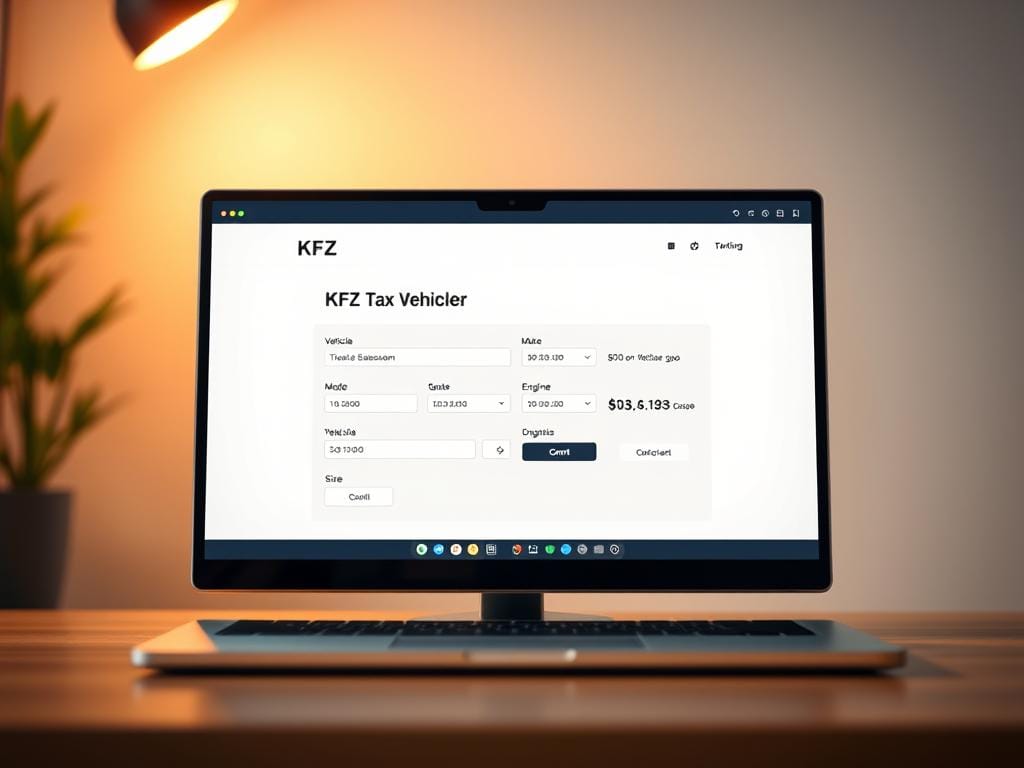 A sleek, modern web browser interface with a clean, minimalist design. The screen prominently displays an online vehicle tax calculator, with intuitive input fields for vehicle details such as make, model, and engine size. Subtle iconography and muted color scheme create a professional, trustworthy atmosphere. The background is softly blurred, keeping the focus on the calculator interface. Warm, directional lighting from the top-left casts a gentle glow, highlighting the key elements. The overall composition conveys a sense of efficiency, simplicity, and accessibility for the user-friendly "KFZ Steuer Rechner".