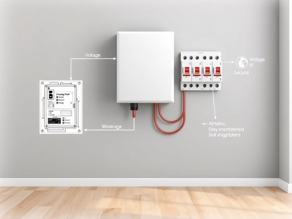 A technical illustration of the electrical requirements for a wallbox installation in Germany. The foreground depicts a detailed schematic of the wallbox components, including the charging port, control panel, and safety systems. The middle ground shows the electrical wiring and circuit breakers necessary to power the wallbox, with clear labeling of the voltage, amperage, and grounding requirements. The background features a neutral-toned interior setting, with the wallbox mounted on a clean, minimalist wall, creating a professional, instructional atmosphere. The lighting is soft and diffused, highlighting the technical details without harsh shadows. The overall composition conveys the essential information a homeowner or installer would need to understand the electrical prerequisites for a successful wallbox integration.