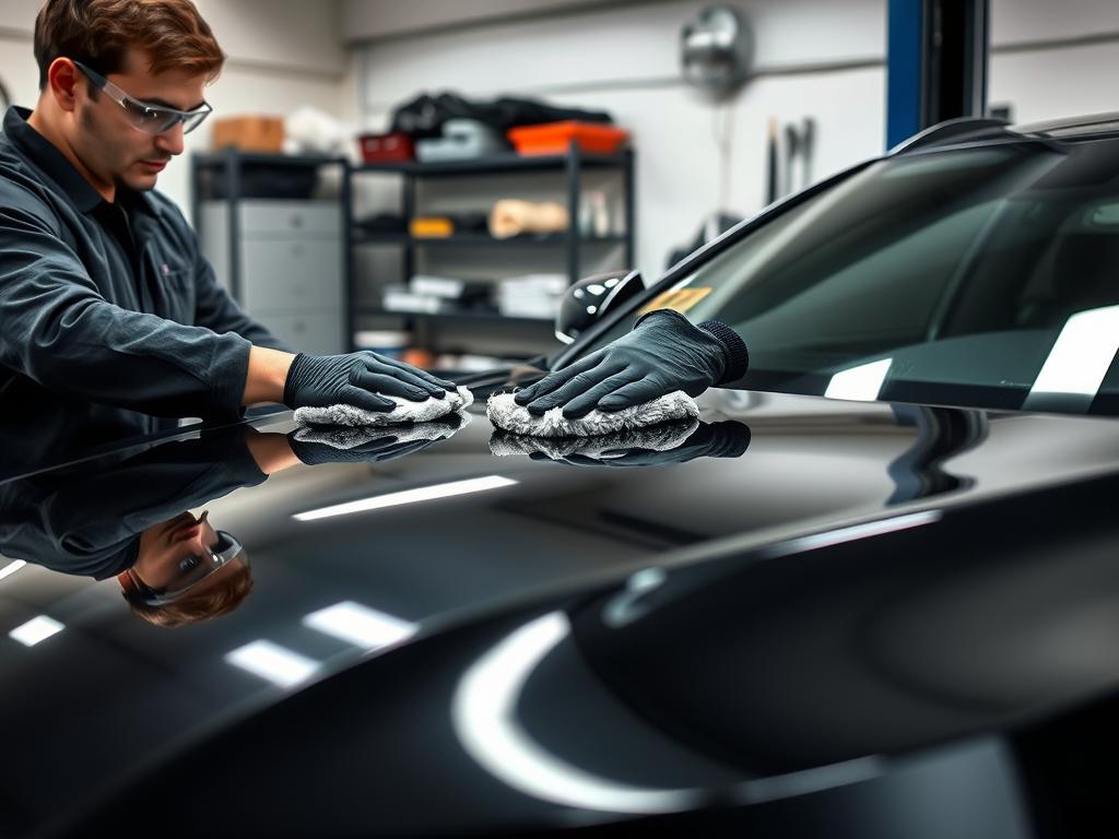 A well-lit auto repair workshop with a mechanic meticulously polishing the hood of a gleaming black luxury sedan. Soft, diffused lighting casts gentle shadows, highlighting the contours of the vehicle's sleek, reflective surface. The mechanic, wearing protective gloves and goggles, applies gentle, circular motions with a high-quality microfiber cloth, carefully buffing the paint to a mirror-like finish. The background is clean and organized, with shelves of tools and supplies neatly arranged, conveying a sense of professionalism and attention to detail. The overall atmosphere is one of focus, precision, and the pride taken in delivering a flawless automotive finish.