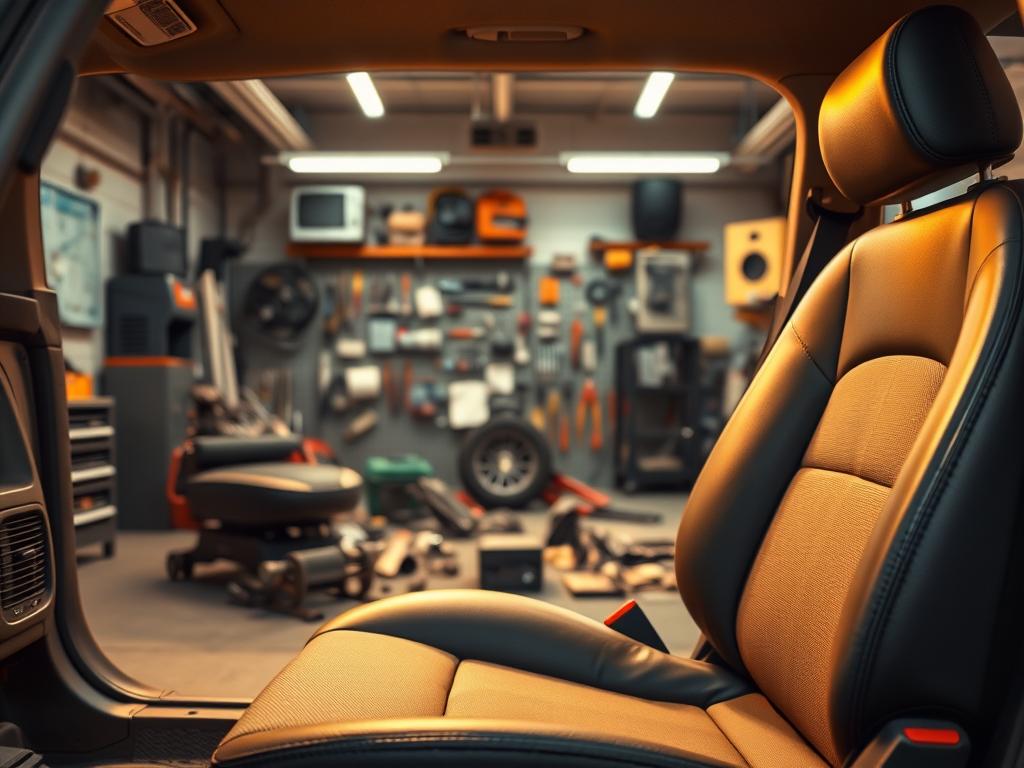 A well-lit automotive workshop interior, with an empty car seat in the foreground. The seat is dismantled, revealing the seat cushion and underlying metal frame. In the middle ground, various tools and car parts are neatly arranged, suggesting the preparation for a seat heating installation. The background depicts the workshop walls, shelves, and other equipment, creating a sense of a professional, organized work environment. The lighting is warm and focused, highlighting the key elements of the scene. The overall mood conveys a sense of methodical preparation and attention to detail, suitable for illustrating the "Voraussetzungen für das Nachrüsten" section.