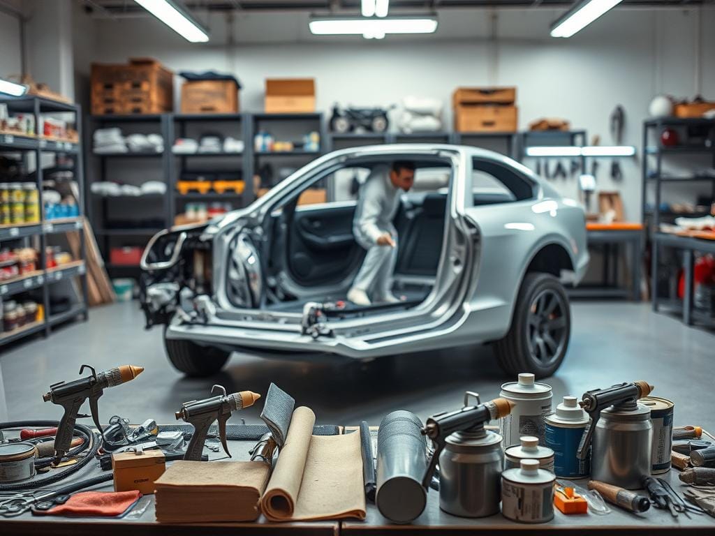 A well-lit automotive workshop, with a car positioned in the center of the frame. The car's exterior is partially disassembled, revealing the underlying structure and detailing the process of DIY painting. In the foreground, various painting tools and supplies are neatly organized, including spray guns, sandpaper, and paint cans. The middle ground showcases the car's body, with the painter carefully applying a fresh coat of paint, creating a glossy, smooth finish. The background features shelves stocked with automotive parts and a workbench, conveying a sense of a professional, yet approachable, DIY environment. The overall mood is one of focused determination and a sense of accomplishment, as the car is transformed through the hands-on process of DIY auto painting.