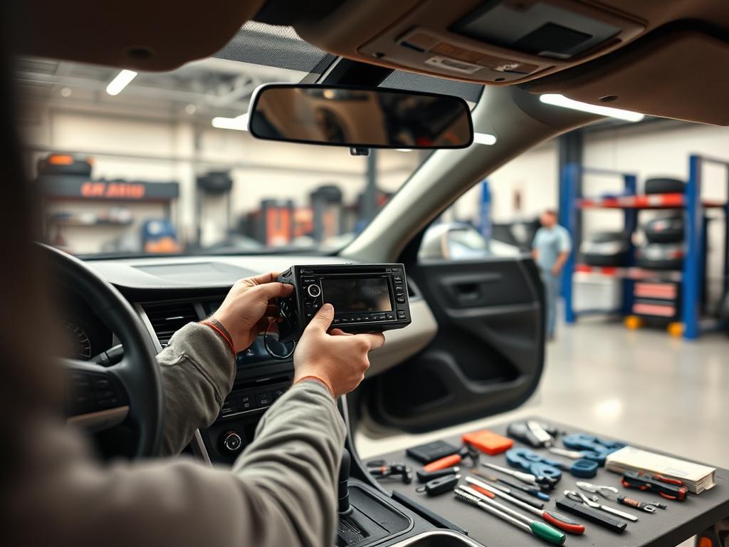 A well-lit automotive workshop, with a car's interior in focus. In the foreground, the dashboard is visible, showcasing an open panel revealing the car's radio cavity. A technician's hands are gently installing a new aftermarket autoradio unit, carefully connecting the wiring harness. The middle ground features a variety of tools and installation accessories neatly organized on a workbench. The background depicts the rest of the workshop, with shelves of car parts and a lift in the distance, conveying a sense of professionalism and expertise. The overall scene exudes a warm, welcoming atmosphere, inviting the viewer to imagine the process of selecting and installing the perfect autoradio for their vehicle.