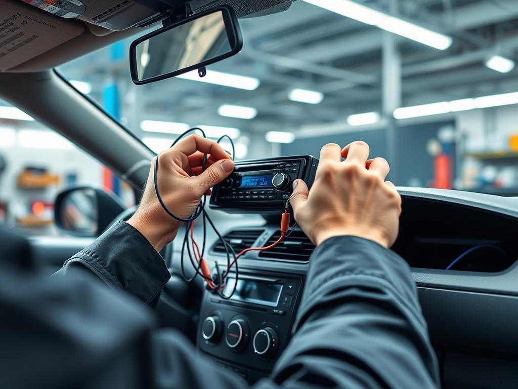 A well-lit automotive workshop, with a mechanic carefully installing a car radio into the dashboard of a vehicle. The foreground shows the mechanic's hands skillfully connecting wires and cables, while the middle ground features the open dashboard and radio components. The background reveals the workshop's tools and equipment, creating a professional and technical atmosphere. The lighting is bright and even, highlighting the intricate details of the installation process. The overall tone conveys a sense of expertise and attention to detail, reflecting the instructional nature of the article's subject matter.