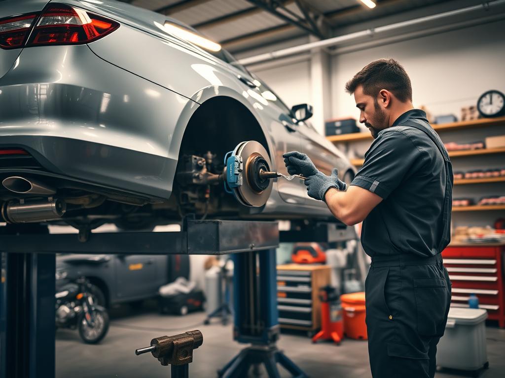 A well-lit automotive workshop, with a mid-range sedan parked on a hydraulic lift. In the foreground, a mechanic in overalls and gloves meticulously bleeds the brake system, carefully pumping the pedal and monitoring the clear fluid flowing from the caliper. The middle ground features a array of tools and equipment, including a bench with a vise, wrenches, and a brake fluid reservoir. The background showcases shelves of auto parts and a workbench, casting a warm, utilitarian ambiance. The scene conveys a sense of focused attention and technical expertise, capturing the step-by-step process of properly servicing a vehicle's brakes.
