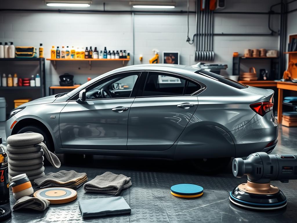A well-lit automotive workshop with a silver sedan positioned in the center, the bodywork gleaming as it undergoes a polishing tutorial. The car is surrounded by various detailing tools - microfiber cloths, polishing pads, and a rotary buffer. Soft directional lighting casts long shadows, highlighting the car's contours. The background features shelves of car care products and a wooden workbench, creating a professional, instructional setting. The overall atmosphere is one of focused attention, emphasizing the step-by-step process of achieving a flawless, mirror-like finish on the vehicle's surface.