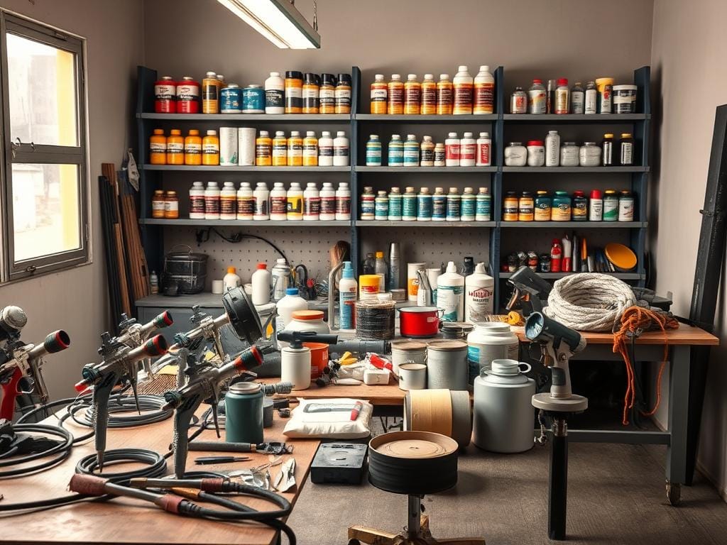 A well-lit automotive workshop, with a variety of tools and materials arranged neatly on a sturdy workbench. In the foreground, an array of spray guns, paint cans, and sanding tools sit ready for use. In the middle ground, a selection of abrasives, masking tapes, and cleaning supplies are organized, hinting at the careful preparation required for a professional-grade vehicle paint job. In the background, shelves hold a range of specialized paints, clearcoats, and polishing compounds, suggesting a comprehensive set of resources for achieving a flawless automotive finish. The scene is bathed in a warm, diffused lighting that casts subtle shadows, creating a sense of depth and emphasizing the precision and care required for this delicate work.