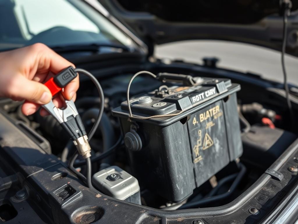 A well-lit, close-up photograph of an open car hood, showcasing the removal of an old, worn-out car battery. The foreground features the battery terminals and clamps being disconnected, with a sense of care and precision. The middle ground captures the battery being carefully lifted out of its tray, highlighting its age and condition. The background provides a clean, uncluttered view of the engine compartment, emphasizing the importance of this delicate task. The lighting is natural and directional, creating subtle shadows that enhance the sense of depth and texture. The overall mood is one of thoughtful, methodical focus, underscoring the importance of safely and properly removing an old automotive battery.