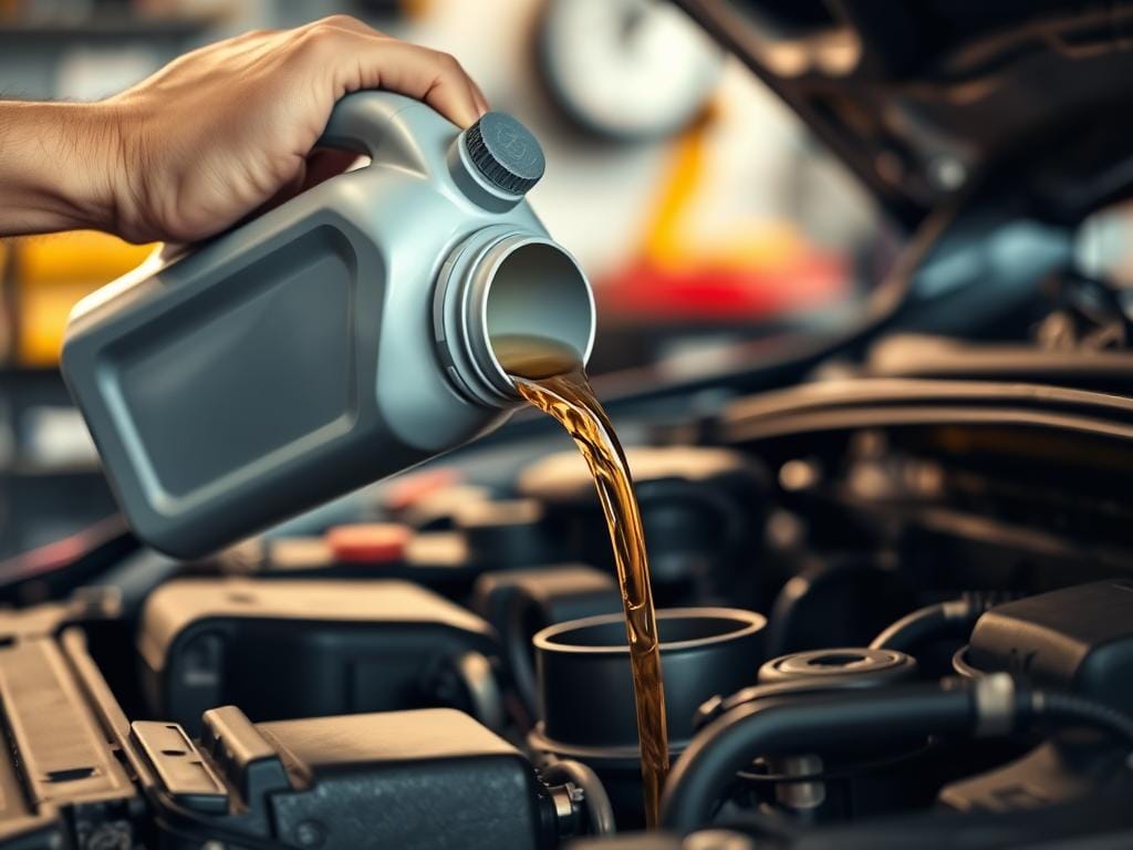 A well-lit, close-up view of a mechanic's hand carefully pouring fresh motor oil into the engine of a car. The oil container is tilted, and the oil flows smoothly and evenly into the engine's oil reservoir, filling it to the proper level. The background is blurred, but hints at a clean, organized workshop environment. The lighting is warm and natural, creating a sense of care and attention to detail. The composition emphasizes the importance and precision of the oil refilling process, conveying the significance of maintaining proper oil levels for the engine's health and performance.