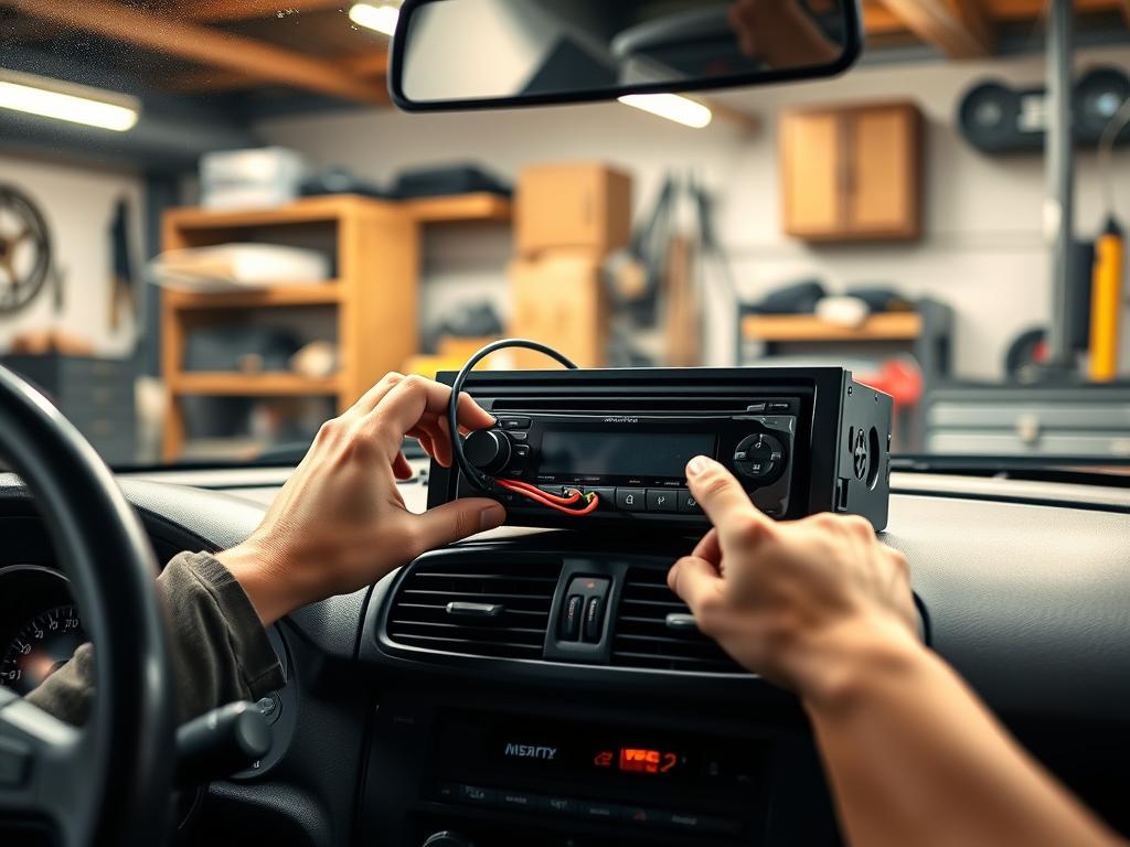 A well-lit garage interior, with a car's dashboard and center console in the foreground. In the middle ground, a person's hands carefully installing an aftermarket autoradio, the unit's wiring and connections visible. The background shows shelves of tools and equipment, lending an air of professionalism to the scene. The lighting is warm and focused, casting a glow on the installation process. The overall mood is one of diligent, meticulous work, capturing the step-by-step nature of the radio installation tutorial.