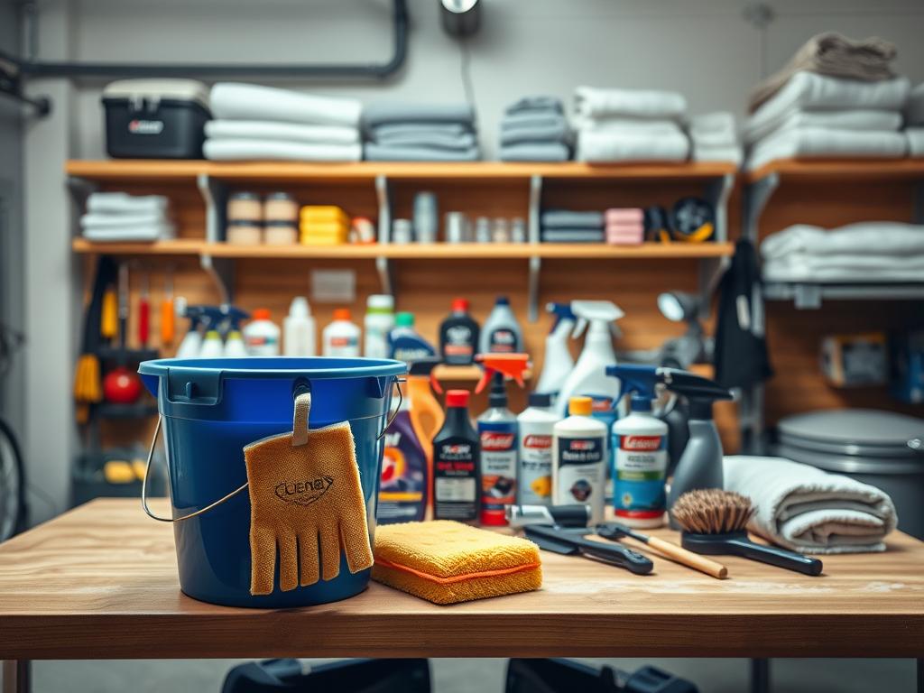 A well-lit garage interior with a neatly organized array of car washing supplies on a wooden workbench. In the foreground, a premium quality bucket, mitt, and sponge stand ready. In the middle ground, an assortment of car shampoos, waxes, and polishes are displayed. The background features shelves stocked with clean microfiber towels, wheel brushes, and other specialized tools. Soft, diffused lighting creates a warm, inviting atmosphere, highlighting the high-quality, professional-grade equipment. The overall scene conveys a sense of expertise and attention to detail, perfectly suited for the "Die richtige Ausrüstung für die Autowäsche" section.