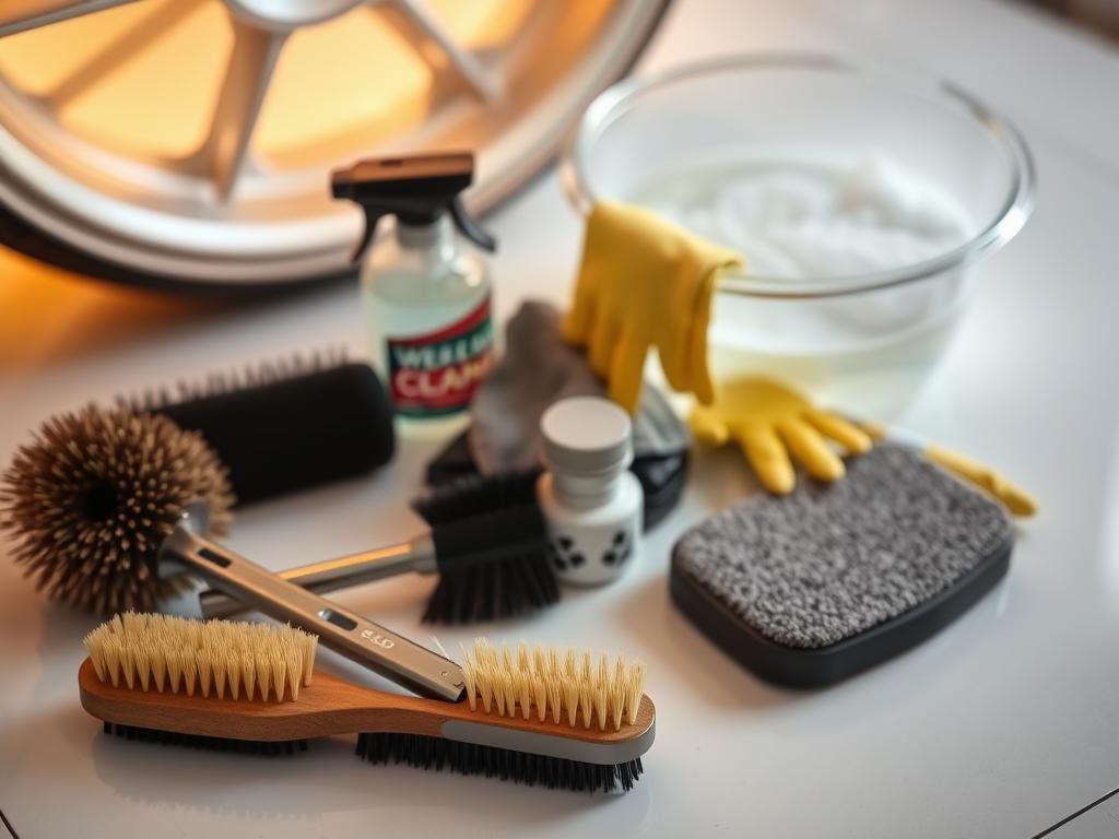 A well-lit, high-angle shot of a collection of useful tools for wheel cleaning, arranged on a clean, white surface. In the foreground, a set of brushes with different bristle types and sizes, including a long-handled wheel brush and a smaller detailing brush. In the middle ground, a spray bottle of wheel cleaner, a microfiber cloth, and a sturdy scrub pad. In the background, a bucket of soapy water and a pair of rubber gloves, hinting at the full process of thorough wheel maintenance. The lighting casts a warm, professional glow, emphasizing the practical and effective nature of the tools.