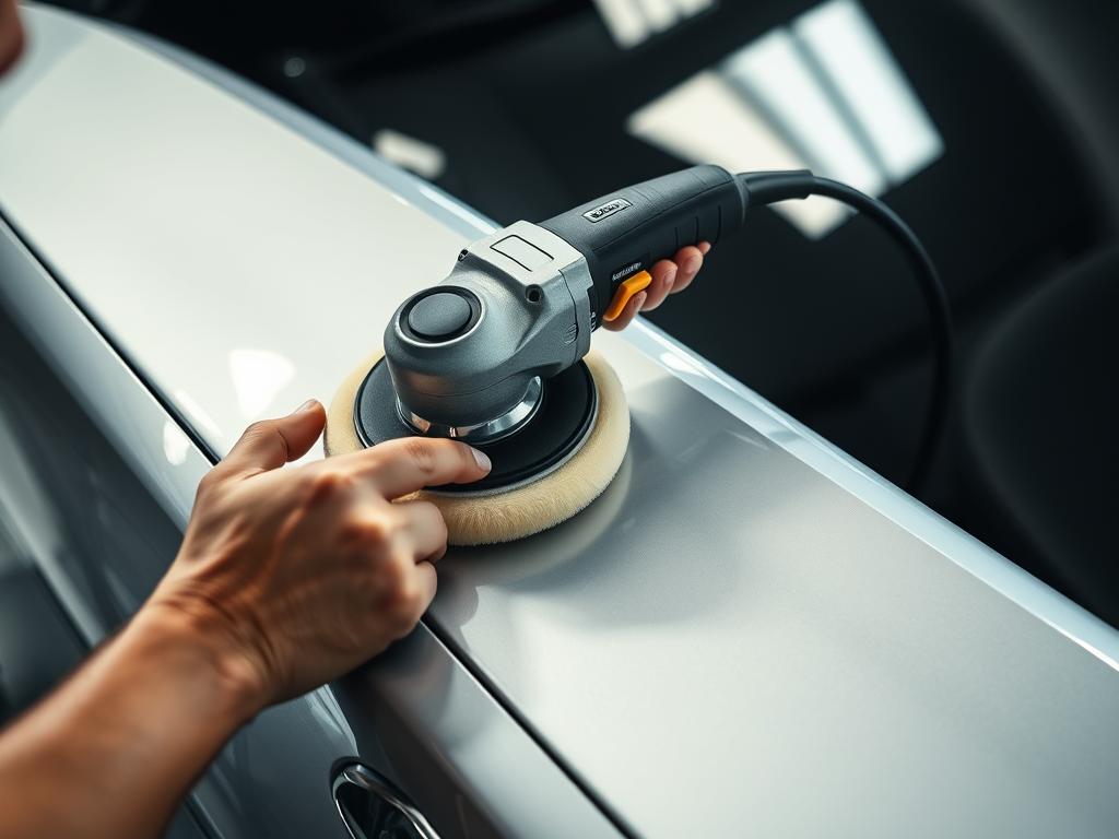 A well-lit, high-angle view of a person meticulously polishing the glossy exterior of a silver sedan, using a dual-action orbital polisher and a plush microfiber buffing pad. The scene is set against a softly blurred background, evoking a professional auto detailing shop. The lighting casts dramatic shadows, highlighting the careful, skillful movements of the person's hands as they work the polisher across the car's surface, gradually revealing a flawless, mirror-like shine. The attention to detail and the person's focused expression convey the satisfying process of transforming a dull finish into a pristine, showroom-ready appearance.