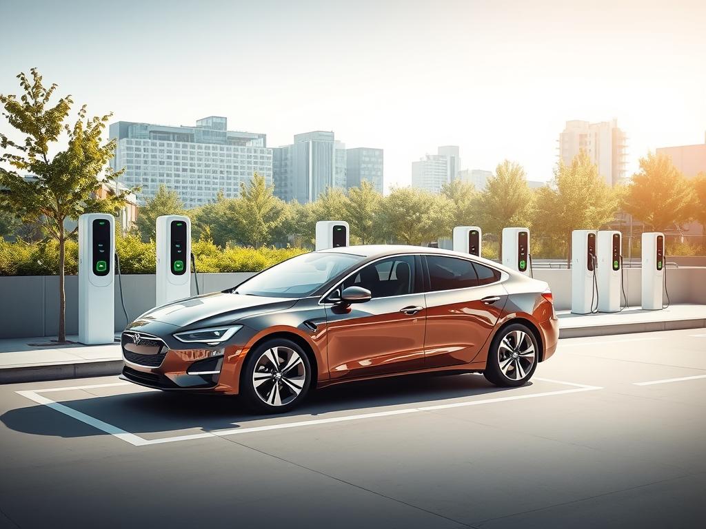 A well-lit, high-contrast scene showcasing the key elements of electric vehicle incentives in Germany. In the foreground, a glossy, mid-sized electric sedan prominently displayed, its sleek lines and modern design capturing the eye. The middle ground features a variety of charging stations, each with a distinct design, hinting at the charging infrastructure supporting EV adoption. In the background, a clean, minimalist cityscape provides an urban context, with modern architecture and lush greenery suggesting a progressive, sustainable environment. The lighting is warm and inviting, creating a sense of optimism and progress around electric mobility. The overall tone conveys the accessibility, convenience, and forward-thinking nature of the Elektroauto Förderung program.