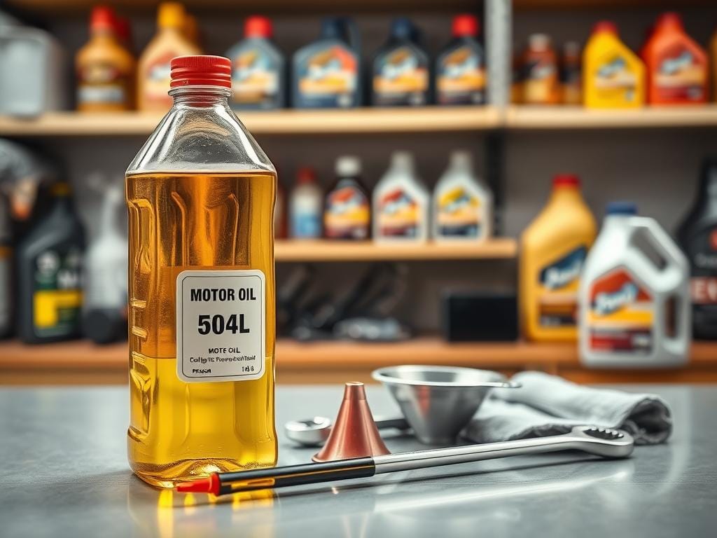 A well-lit, high-resolution close-up photograph of various automotive fluids and tools used for refilling motor oil, set against a clean, organized workbench. In the foreground, a glass container filled with fresh motor oil stands upright, its label clearly visible. Nearby, a dipstick and a funnel rest neatly, reflecting the bright lighting. In the middle ground, a wrench and a shop rag provide a sense of the practical nature of the task. The background features shelves stocked with additional bottles of motor oil and other maintenance supplies, creating a professional, workshop-like atmosphere.