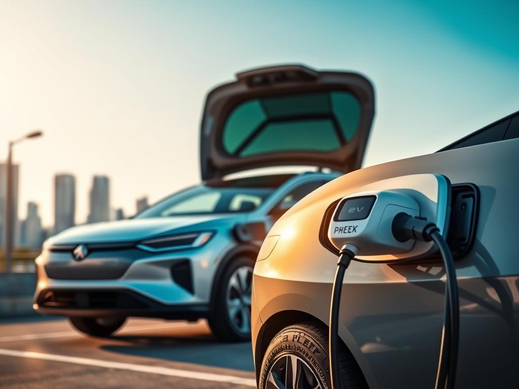 A well-lit, photorealistic image of a plug-in hybrid electric vehicle (PHEV) showcasing its advantages. The foreground features the PHEV in a sleek, modern design, its electric motor and internal combustion engine visible under the hood. The middle ground highlights the vehicle's charging port, emphasizing the convenience of recharging. The background depicts a city skyline, suggesting the PHEV's suitability for urban environments. The lighting is warm and natural, creating a sense of efficiency and environmental friendliness. The overall composition and attention to detail convey the benefits of a PHEV, such as reduced emissions, versatility, and cost-effective operation.