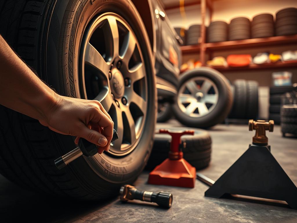 A well-lit workshop scene, showing the safe process of changing a tire. In the foreground, a person's hands expertly loosening the lug nuts on a vehicle's wheel, surrounded by the necessary tools - a tire iron, a jack, and a spare tire. The middle ground features the raised vehicle, with the worn tire being carefully removed. In the background, shelves of tires and automotive supplies create a sense of a professional, well-equipped setting. The lighting is warm and inviting, conveying a sense of confidence and competence in the tire-changing task. The overall mood is one of safety, efficiency, and attention to detail, reflecting the importance of proper tire maintenance.