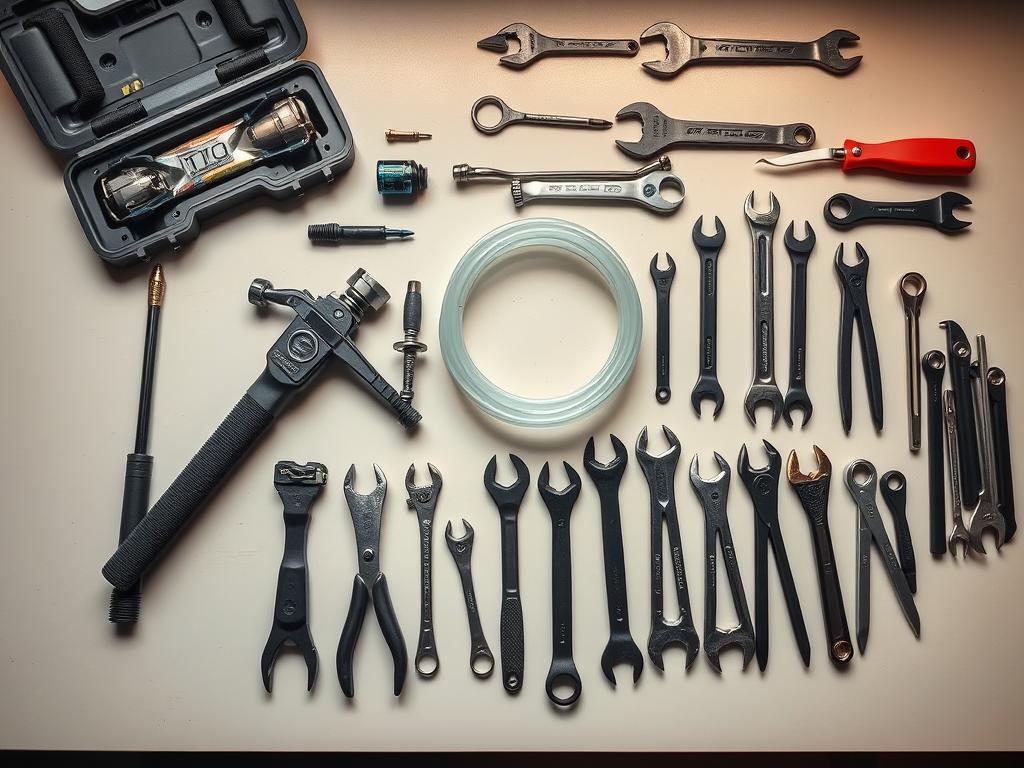 A well-organized array of automotive brake bleeding tools, including a brake fluid bleeding kit, brake bleeder wrench, clear plastic tubing, and a collection of various wrenches and pliers. The tools are neatly arranged on a clean, neutral-colored workbench, with soft, directional lighting illuminating the scene. The layout conveys a sense of order and professionalism, reflecting the step-by-step nature of the brake bleeding process. The overall mood is one of focus and attention to detail, perfectly suited to illustrate the "Benötigtes Werkzeug und Materialien" section of the auto maintenance article.