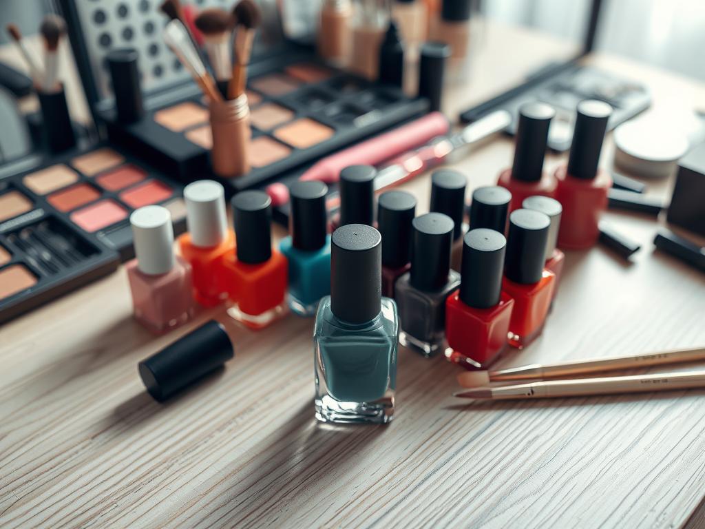 A well-organized workspace with a variety of makeup and beauty tools, including an assortment of nail polish bottles in various colors, arranged neatly on a clean, neutral-toned wooden surface. The focus is on a single nail polish bottle, its cap open, ready for application. Soft, diffused lighting from an unseen source creates gentle shadows and highlights, emphasizing the textures and shapes of the objects. The overall atmosphere is one of calm, professional preparation, setting the stage for the detailed application of nail polish.