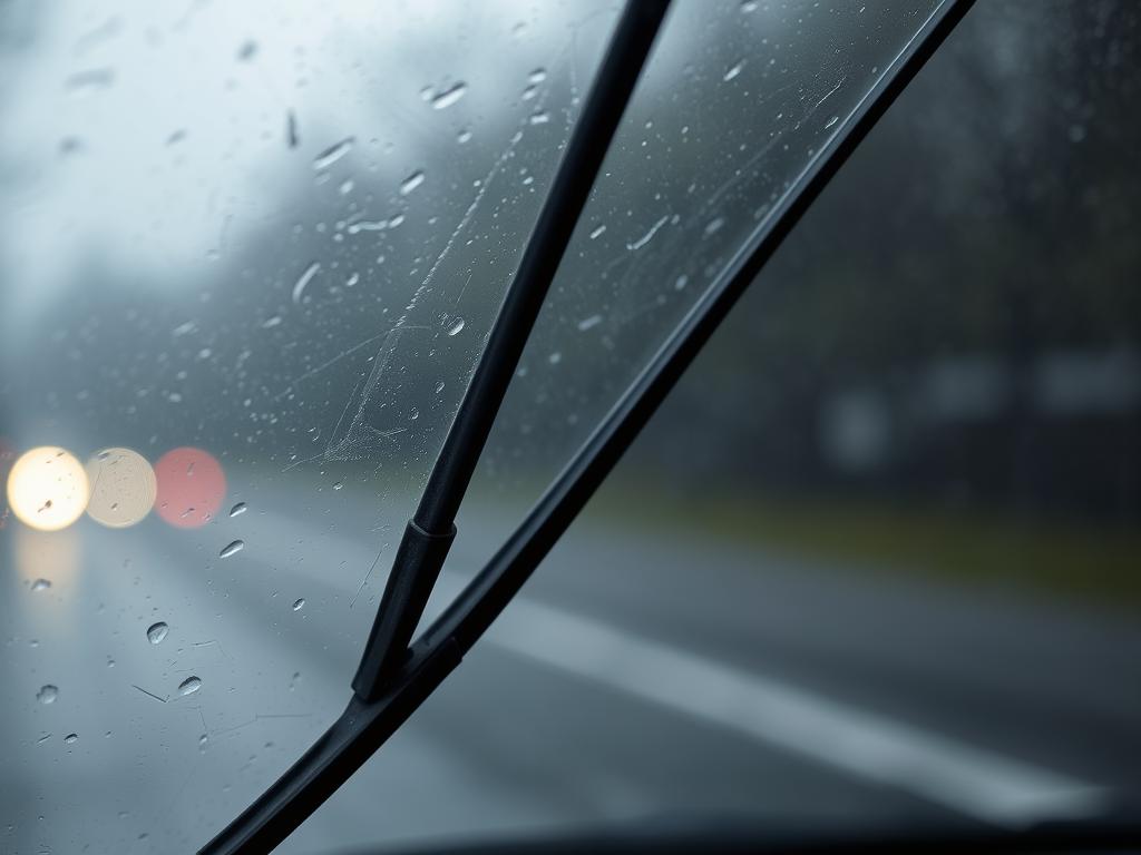 A well-worn, weathered car windshield, the wipers in a raised position, ready to be replaced. The background is out of focus, hinting at a rainy, overcast day, the light casting a muted, atmospheric glow. The wipers themselves are the focal point, their worn, cracked rubber blades highlighting the need for replacement. The scene conveys a sense of functionality and practicality, inviting the viewer to consider the importance of maintaining this essential safety feature.