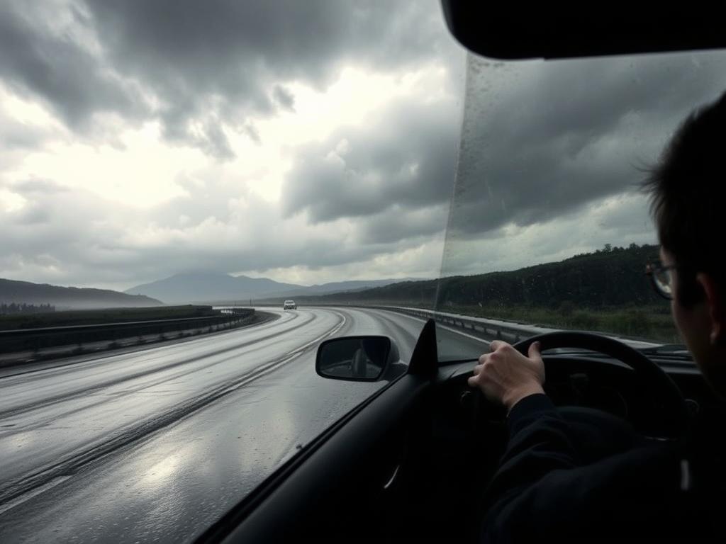 A wet, gloomy highway winds through a dreary landscape, with towering storm clouds overhead casting a somber atmosphere. In the foreground, a lone car navigates the slick road, its headlights cutting through the misty rain. Puddles reflect the moody sky, and the windshield wipers struggle to keep the water at bay. The driver's hands grip the steering wheel with focused determination, navigating the challenging conditions. The scene conveys the challenges and caution required when driving in inclement weather, setting the stage for the article's exploration of essential tips for new drivers.