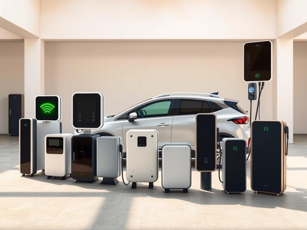 Detailed and realistic illustration of various Wallbox models for electric vehicle charging. Foreground showcases several Wallbox units in different shapes, sizes, and colors, representing the diversity of available options. Middle ground includes a modern electric vehicle, highlighting the compatibility between the Wallbox and the car. Background features a clean, minimalist interior setting, such as a garage or parking area, to provide context. Lighting is natural and warm, creating a welcoming atmosphere. The overall composition emphasizes the practicality, versatility, and seamless integration of Wallbox solutions for electric vehicle charging.