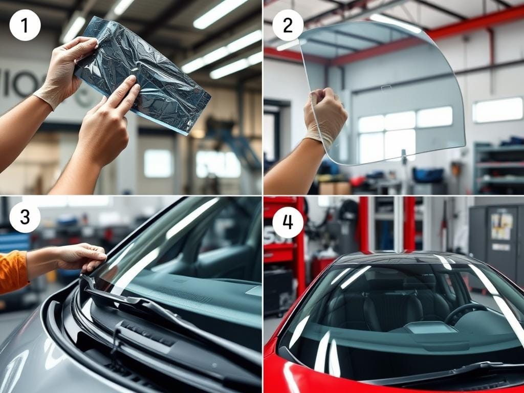 Detailed step-by-step guide to replacing a car windshield. A mechanic's hands carefully removing the old windshield, using specialized tools and adhesives. Bright natural lighting illuminates the workspace, showcasing the intricate process. The new windshield is positioned precisely, with meticulous attention to alignment. Automotive components and a clean, organized work environment create a professional, technical atmosphere. The finished result is a seamless, flawless windshield installation, ready to be reinstalled on the vehicle. Detailed step-by-step guide to replacing a car windshield. A mechanic's hands carefully removing the old windshield, using specialized tools and adhesives. Bright natural lighting illuminates the workspace, showcasing the intricate process. The new windshield is positioned precisely, with meticulous attention to alignment. Automotive components and a clean, organized work environment create a professional, technical atmosphere. The finished result is a seamless, flawless windshield installation, ready to be reinstalled on the vehicle.