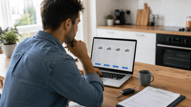 Autoversicherung online vergleichen am Laptop