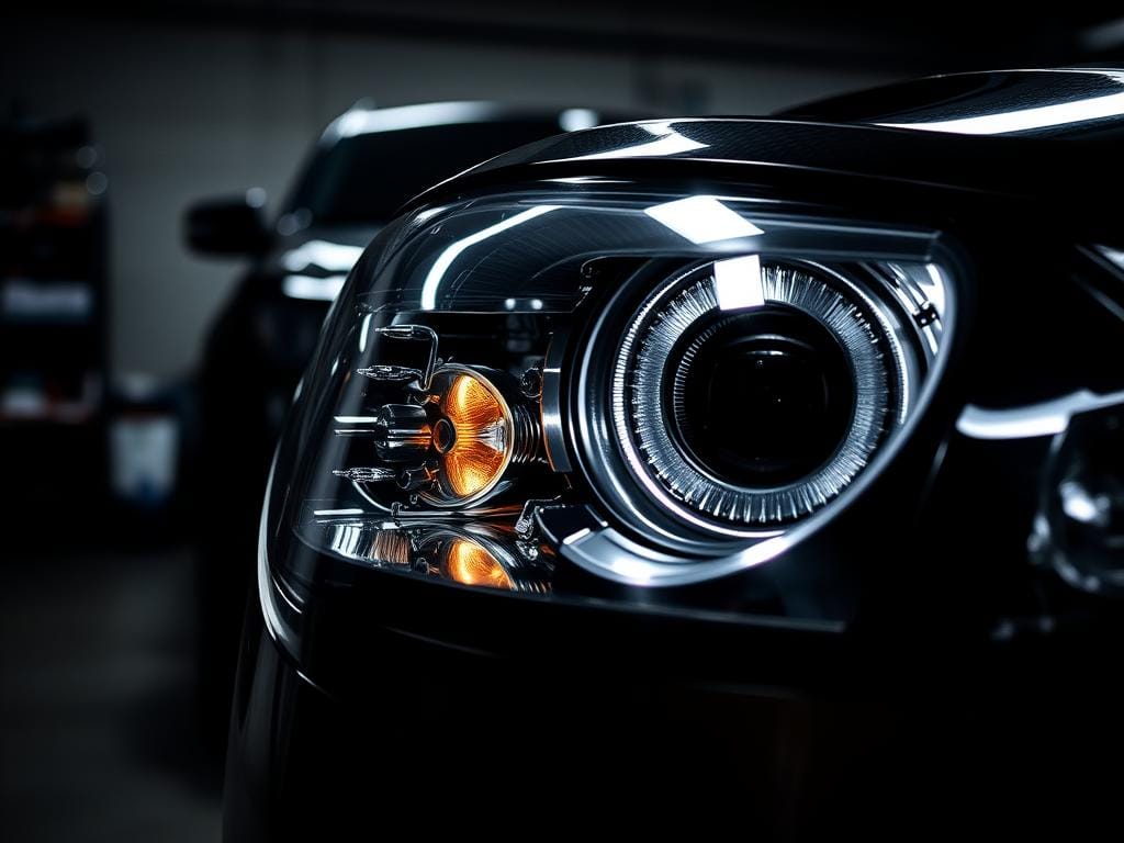 Polished headlights gleaming against a dimly lit automotive workshop. The foreground showcases a pair of meticulously detailed, chrome-accented headlight housings, their reflective surfaces catching the soft, directional lighting. In the middle ground, the headlight assembly is mounted on a car body, its silhouette hinting at the vehicle's design. The background is shrouded in shadows, emphasizing the focal point of the headlights and their enhanced visibility. The overall mood is one of precision, clarity, and the importance of proper headlight maintenance for safe driving, reflecting the subject of the article's section title.