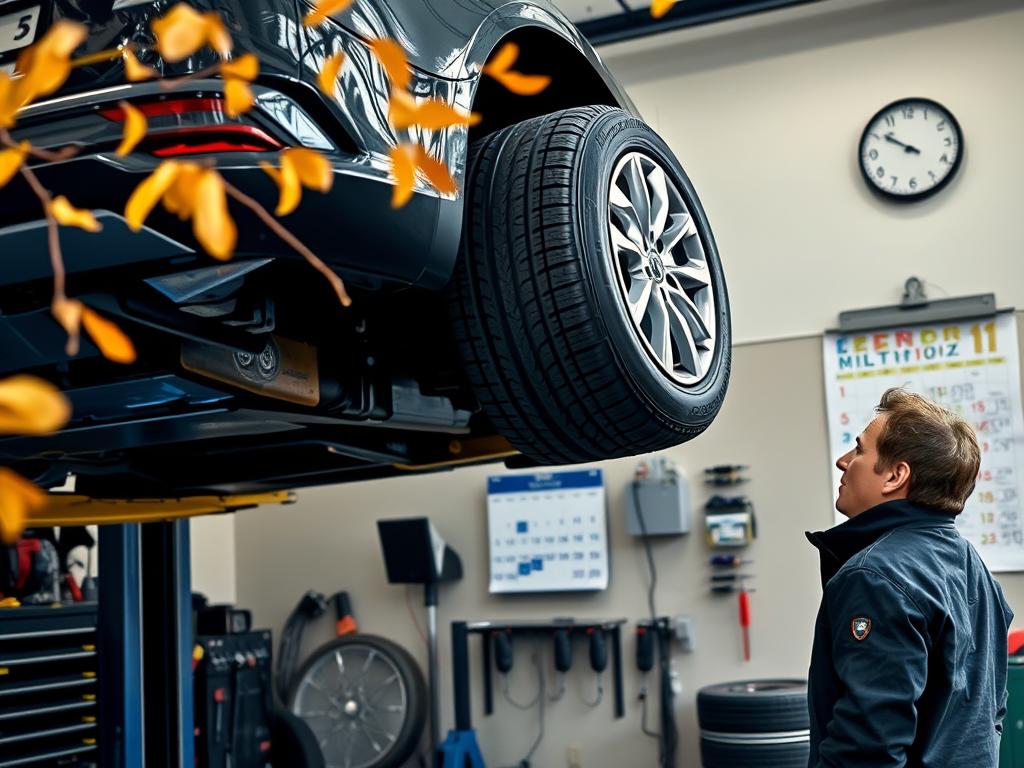 Saisonale Reifenwechsel: A crisp autumn day, golden leaves swirling as a car is hoisted, mechanic's hands expertly swapping all-season tires for a fresh set of winter rubber. The garage is well-lit, tools neatly arranged, showcasing the precision required for this essential seasonal transition. In the background, a calendar marks the change of seasons, a subtle reminder of the importance of this routine maintenance. The car's owner observes, confident in the skilled hands performing this necessary task to ensure safe and reliable winter driving. Angles and lighting emphasize the symmetry and order of the scene, creating a sense of calm efficiency.