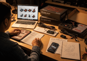 A well-lit, detailed close-up image of a mechanic's hands carefully installing a car seat heater module under the car seat. The scene is set in a clean, organized auto repair workshop with various tools and parts visible in the background. The lighting is bright and directional, creating defined shadows and highlights that emphasize the intricate installation process. The angle is slightly elevated, providing a clear view of the work being done. The overall mood is one of focused professionalism, showcasing the skilled craftsmanship required for this delicate automotive upgrade. Sitzheizung Planen und Vorbereiten