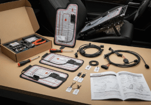 A well-lit automotive workshop interior, with an empty car seat in the foreground. The seat is dismantled, revealing the seat cushion and underlying metal frame. In the middle ground, various tools and car parts are neatly arranged, suggesting the preparation for a seat heating installation. The background depicts the workshop walls, shelves, and other equipment, creating a sense of a professional, organized work environment. The lighting is warm and focused, highlighting the key elements of the scene. The overall mood conveys a sense of methodical preparation and attention to detail, suitable for illustrating the "Voraussetzungen für das Nachrüsten" section. Voraussetzungen für das Nachrüsten