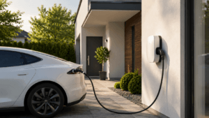 Wallbox an der Hauswand lädt ein E-Auto in der Einfahrt