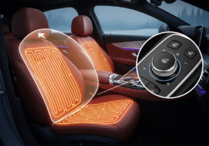 A high-angle close-up view of a car seat with a built-in seat heater, showcasing the intricate details of the heating elements and controls. The seat is upholstered in a plush, gray fabric, with subtle stitching patterns adding visual interest. The lighting is warm and diffused, creating a cozy, inviting atmosphere. The background is blurred, keeping the focus on the seat's functionality and design. The overall impression conveys the comfort and convenience of a heated seat, perfectly suited for the "What is a Seat Heater?" section of the article. Was ist eine Sitzheizung