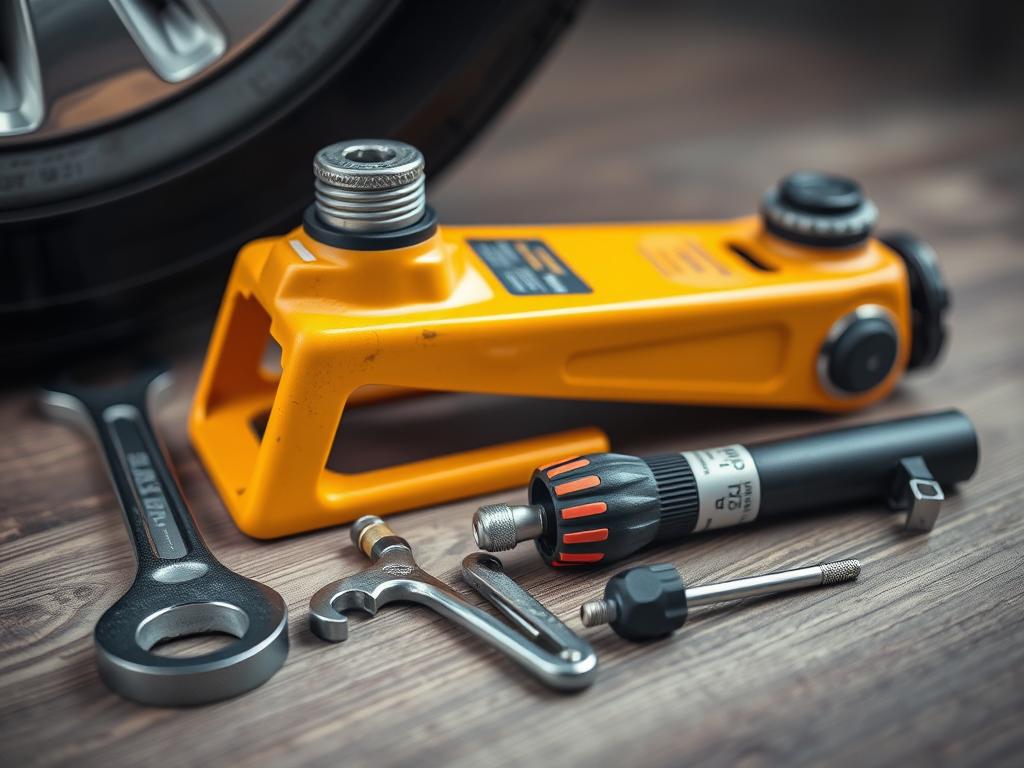 a detailed close-up photograph of an assortment of car tire changing tools and equipment, including a lug wrench, a tire iron, a jack, a torque wrench, and a tire valve stem tool, all neatly arranged on a wooden surface with a soft, even lighting that highlights the textures and materials of the tools, creating a visually appealing and informative image to illustrate the necessary tools and materials for changing a car tire
