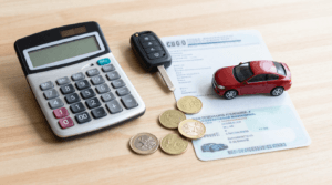 Kfz-Steuer berechnen mit Rechner, Fahrzeugschein und Autoschlüssel