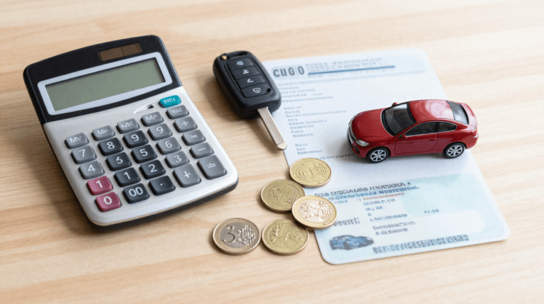 Kfz-Steuer berechnen mit Rechner, Fahrzeugschein und Autoschlüssel
