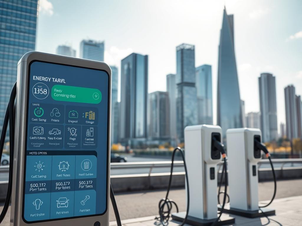 A bright, modern electric vehicle charging station set against a backdrop of a sleek, contemporary cityscape. The foreground features a grid-like display showcasing various energy tariff options, with icons and infographics illustrating the cost-saving benefits of charging an electric car. The middle ground depicts several charging ports, their cables snaking out to power the vehicles. The background is dominated by a skyline of towering skyscrapers, their glass facades reflecting the sunlight. The overall scene conveys a sense of innovation, efficiency, and the integration of sustainable energy solutions into urban environments.