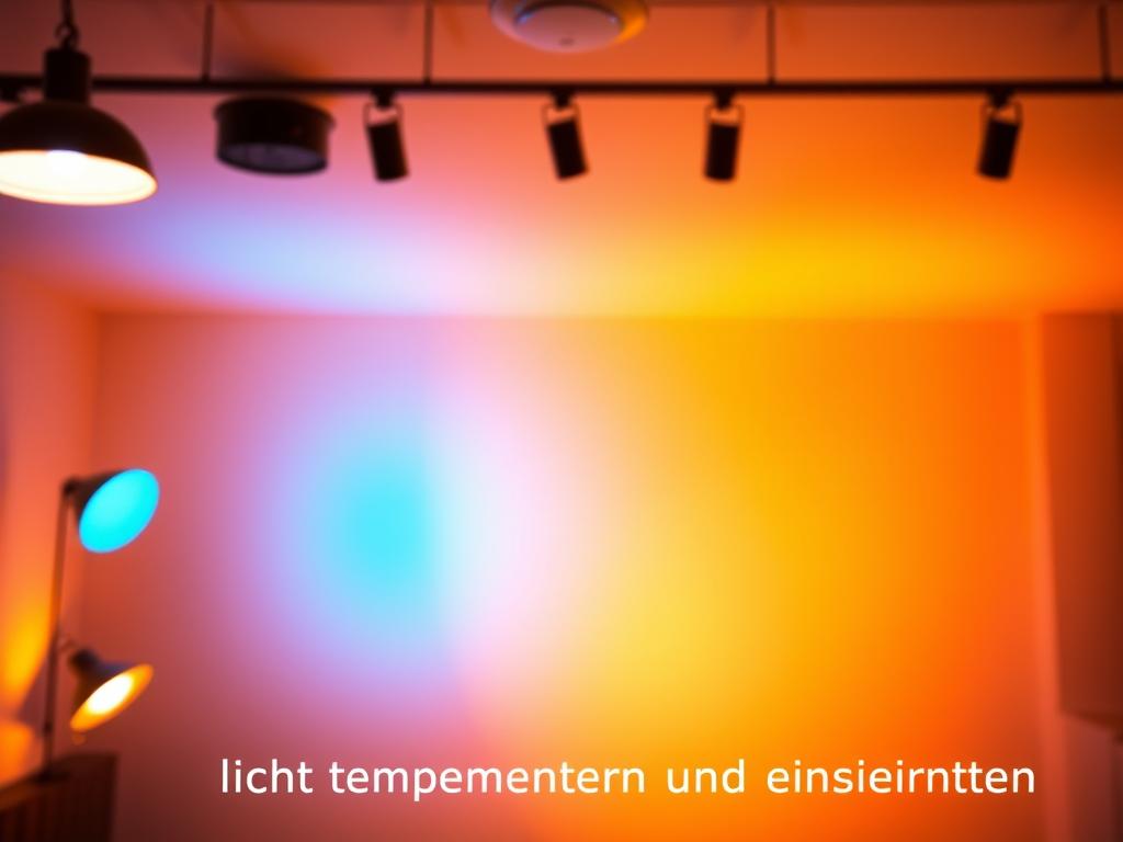 A brightly lit room, with a warm, inviting atmosphere. In the foreground, a series of lighting fixtures, each emitting a distinct color temperature - from cool, bluish hues to warm, amber tones. The middle ground showcases a neutral-colored wall, allowing the play of light to take center stage. In the background, a subtle gradient, transitioning seamlessly between the various color temperatures, creating a harmonious visual symphony. The image should convey a sense of understanding and control over the nuances of lighting, guiding the viewer through the concept of "Lichttemperatur verstehen und einstellen".