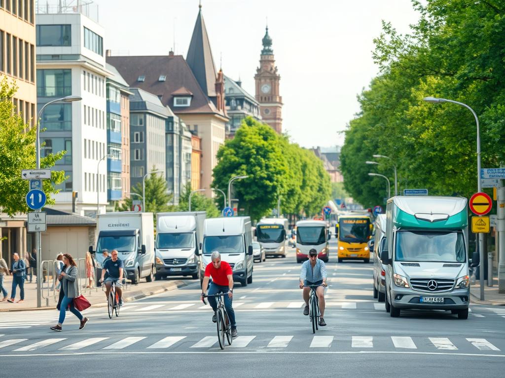 A busy German city street scene during the day, showcasing the concept of "verkehrssicherheit" (traffic safety). In the foreground, pedestrians carefully navigate crosswalks and cyclists ride responsibly, adhering to road signs and signals. In the middle ground, cars and trucks move cautiously, observing speed limits and yielding to other vehicles. The background features a diverse mix of modern and historic architecture, complemented by lush greenery and a bright, clear sky. The lighting is natural, with soft shadows and highlights accentuating the scene's sense of order and safety. The overall mood is one of peaceful, well-regulated traffic flow, reflecting the importance of traffic rules and regulations in Germany.