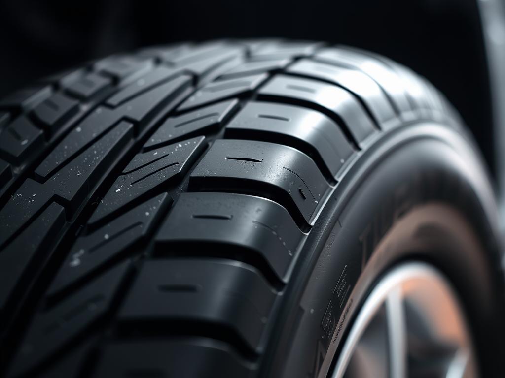 A close-up view of a car's tire tread, meticulously inspected under bright, diffuse lighting. The tread patterns and grooves are clearly visible, showcasing their depth and condition. The tire's sidewall is also in focus, providing a sense of the tire's overall construction and size. The background is blurred, keeping the attention on the tire itself. The scene conveys a sense of care and attention to detail, highlighting the importance of properly maintaining tires for safe driving, especially in wet conditions.