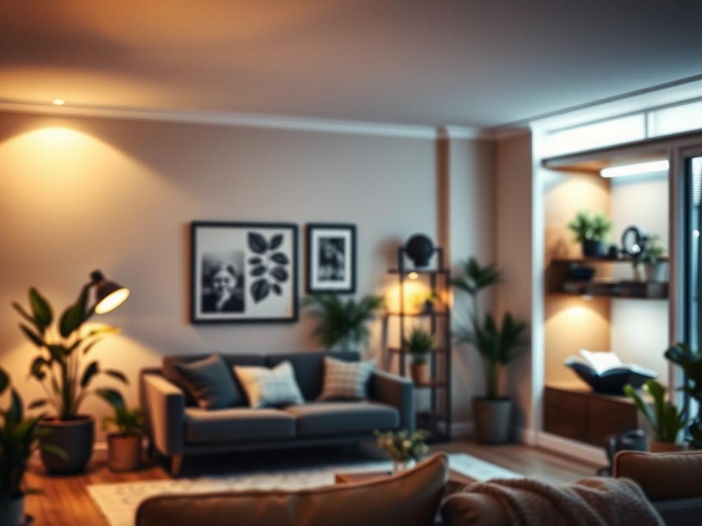 A cozy interior scene showcasing various lighting techniques. In the foreground, a modern living room with a mix of ambient Allgemeinbeleuchtung from recessed ceiling fixtures, providing a warm, even glow. In the middle ground, Akzentbeleuchtung highlights key decor elements like wall art and houseplants, adding depth and visual interest. The functional Beleuchtung of a reading nook in the background offers focused illumination for task-oriented activities. The overall scene exudes a harmonious, inviting atmosphere with balanced, thoughtful lighting design.