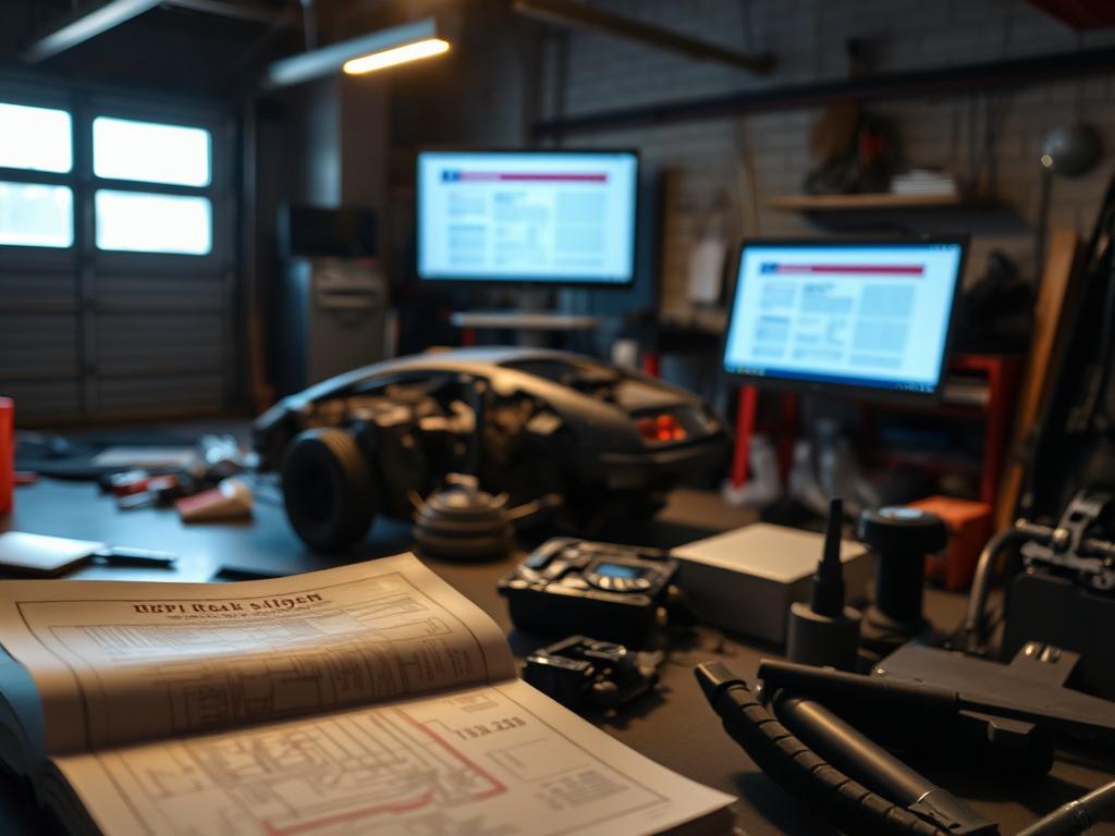 A dimly lit garage interior, with a partially disassembled vehicle in the foreground. Scattered tools and auto parts suggest an ongoing repair process. The middle ground features an open car manual, highlighting technical diagrams and schematics. In the background, a computer monitor displays registration documents, suggesting the process of securing vehicle registration without the need for a formal TÜV inspection. Soft, warm lighting casts a reflective glow, creating an atmosphere of thoughtful problem-solving and DIY resourcefulness. The scene conveys the idea of an individual navigating the complexities of vehicle registration in Germany, relying on their own technical understanding and resourcefulness.