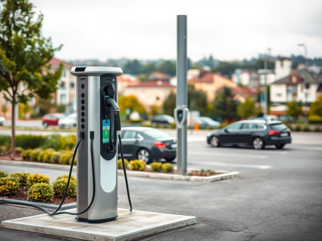 A high-quality, detailed image of a charging station (Ladesäule) at a typical location in Germany. The charging station is positioned prominently in the foreground, its sleek, modern design and multiple charging ports clearly visible. The middle ground shows a well-maintained parking area with a few cars parked nearby, suggesting a public or commercial setting. The background features a blurred urban landscape with buildings, trees, and other infrastructure, conveying a sense of place. Soft, diffused lighting creates a pleasant, inviting atmosphere, while the overall composition and perspective draw the viewer's attention to the central charging station. The image should communicate the functionality, accessibility, and integration of electric vehicle charging infrastructure in the German landscape.