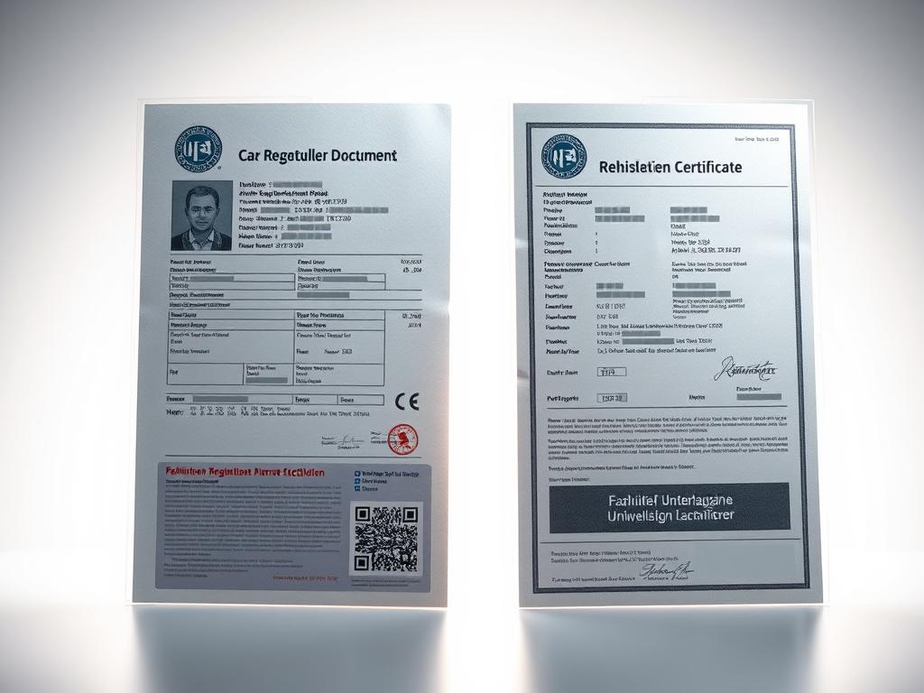A high-quality, technical illustration of "Fahrzeug Unterlagen" featuring a detailed, well-lit close-up view of a car registration document and vehicle registration certificate side-by-side, showcasing their distinct designs, layouts, and information. The documents should be presented against a clean, neutral background with soft, directional lighting that accentuates their textures, colors, and security features. The overall mood should be professional, informative, and visually engaging, conveying the importance and differences between these two crucial vehicle ownership documents.