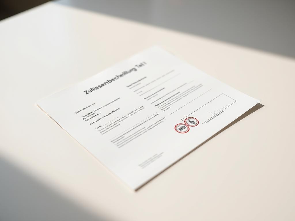 A high-resolution, photorealistic image of a German "Zulassungsbescheinigung Teil I" (vehicle registration certificate part I) document. The document is placed on a clean, off-white surface, with soft, diffused lighting from the left side creating subtle shadows. The edges of the document are slightly blurred, drawing the viewer's attention to the central portion. The document appears to be in pristine condition, with crisp, clear text and official seals visible. The overall mood is one of professionalism and bureaucratic authenticity, reflecting the official nature of this important vehicle document.