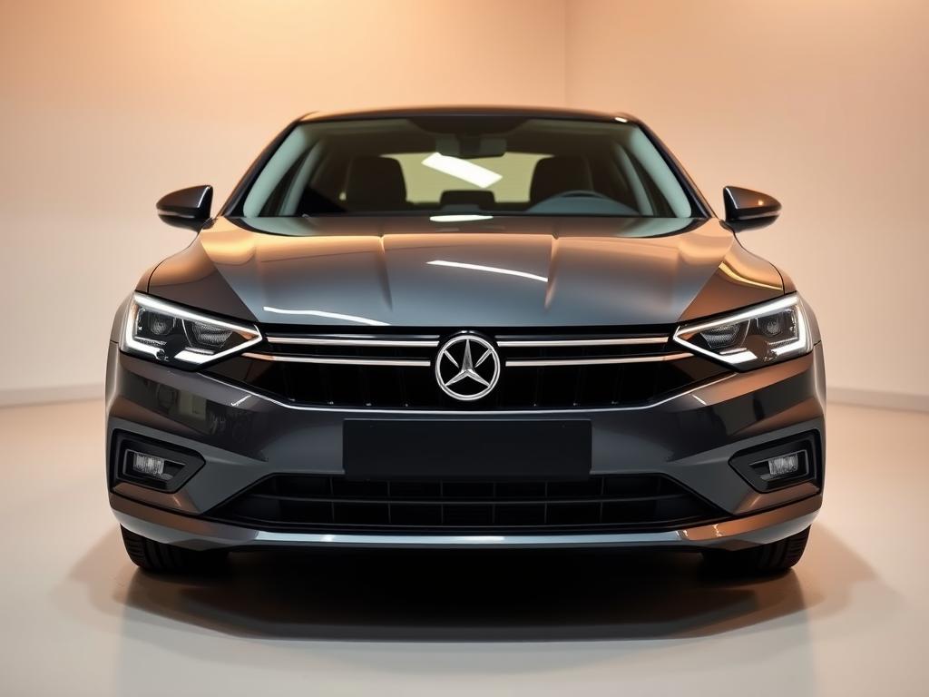 A modern German sedan with a clean, sleek design, parked in a well-lit, minimalist showroom setting. The car is prominently displayed, with a focus on its front grille, headlights, and overall silhouette. The background is a neutral, softly-lit environment, allowing the vehicle to be the central focus. The lighting is warm and diffuse, creating a sense of sophistication and attention to detail. The camera angle is slightly elevated, giving a slightly elevated perspective on the car, emphasizing its presence and the potential for its registration without a recent TÜV inspection.