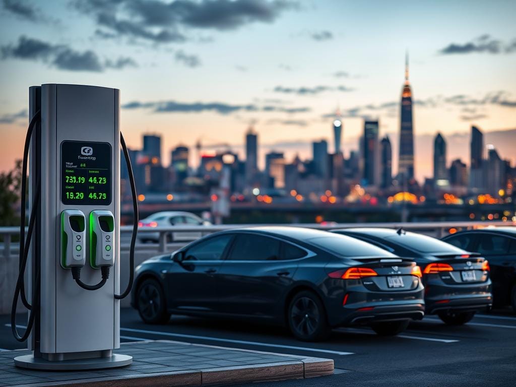 A modern electric vehicle charging station in a sleek, minimalist design, set against a backdrop of a city skyline at dusk. The foreground features several charging ports with clear labeling indicating different charging rates and tariffs. The middle ground showcases a selection of electric cars of various makes and models, their silhouettes illuminated by the warm glow of the charging station's lighting. The background depicts a vibrant urban landscape, with skyscrapers and infrastructure reflecting the city's commitment to sustainable mobility. The overall scene conveys a sense of progress, efficiency, and the growing accessibility of electric vehicle charging options.